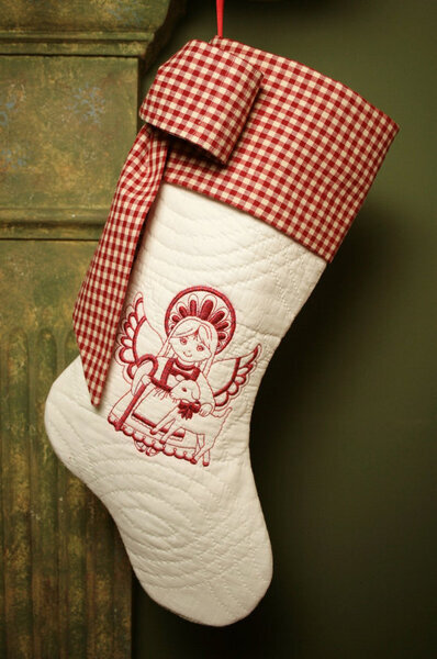 Redwork Angel and Lamb Antique Quilt Christmas Stocking - Antique Homespun Cuff and Bow