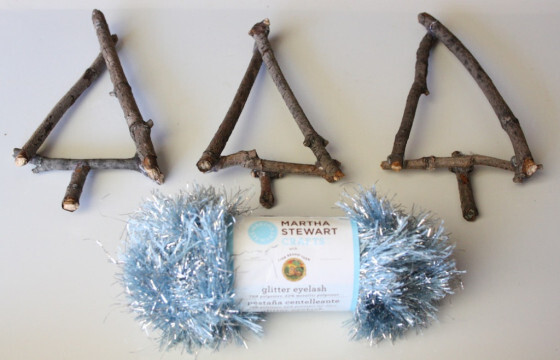 twig tree ornaments   - twig triangles and eyelash yarn