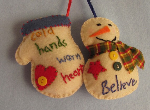 Believe Snowman and Cold Hands Warm Heart Mitten Felt Christmas Ornaments - Set of 2