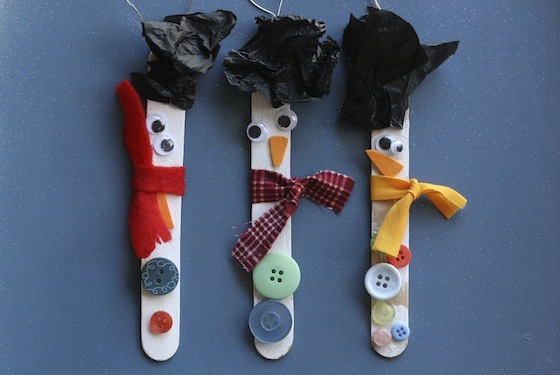 craft stick snowman ornaments with tissue paper hats