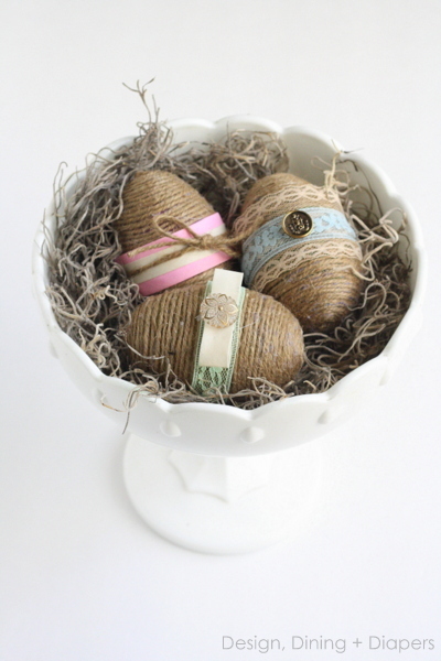 Shabby Chic Easter Eggs From Dollar Store Plastic Eggs by Design, Dining + Diapers, rustic easter eggs, jute eggs, spring decor, diy easter eggs, decorative easter eggs, dollar store craft